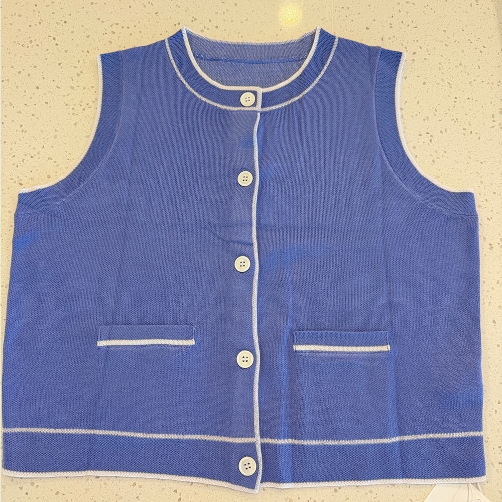 Yousify Women’s Sleeveless Blue Knit Button-Front Vest with White Trim size M